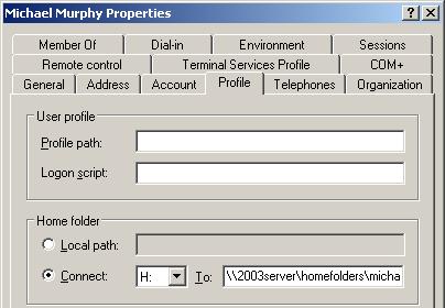 Create a Home folder for a User Open Active Directory Users and Computers Choose the required user account Right-click the account name and choose Properties. Click the Profile tab.
