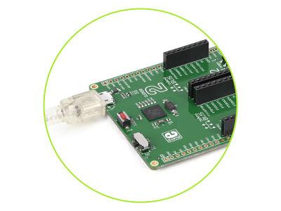 On-board voltage regulators provide the appropriate voltage levels to each component on the board. Power LED (GREEN) will indicate the presence of power supply.