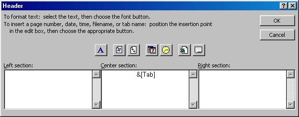 button (or Custom Footer button). 4. A window pops up dividing the header area into 3 sections; the left section, center and right section. 5. You can type whatever you want in these sections.