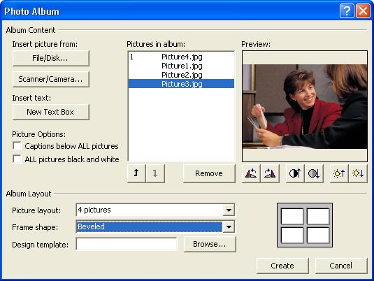 6.12 Presentation Fundamentals 13 Click Create. The Photo Album dialog box closes, and a new PowerPoint presentation opens with a title slide and your new four-picture slide.