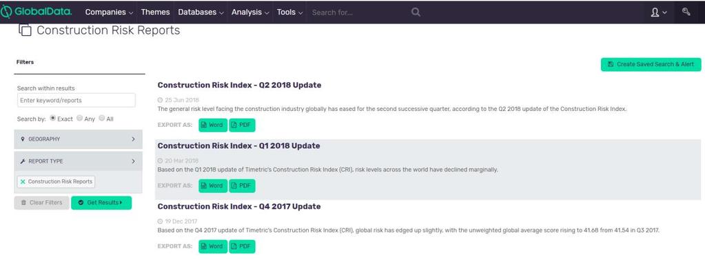 Click on the Analyse Markets Workflow Tool and select your country and/or sector of interest from the options in the drop down list. Click on the Country Forecast or Construction Risk report link.