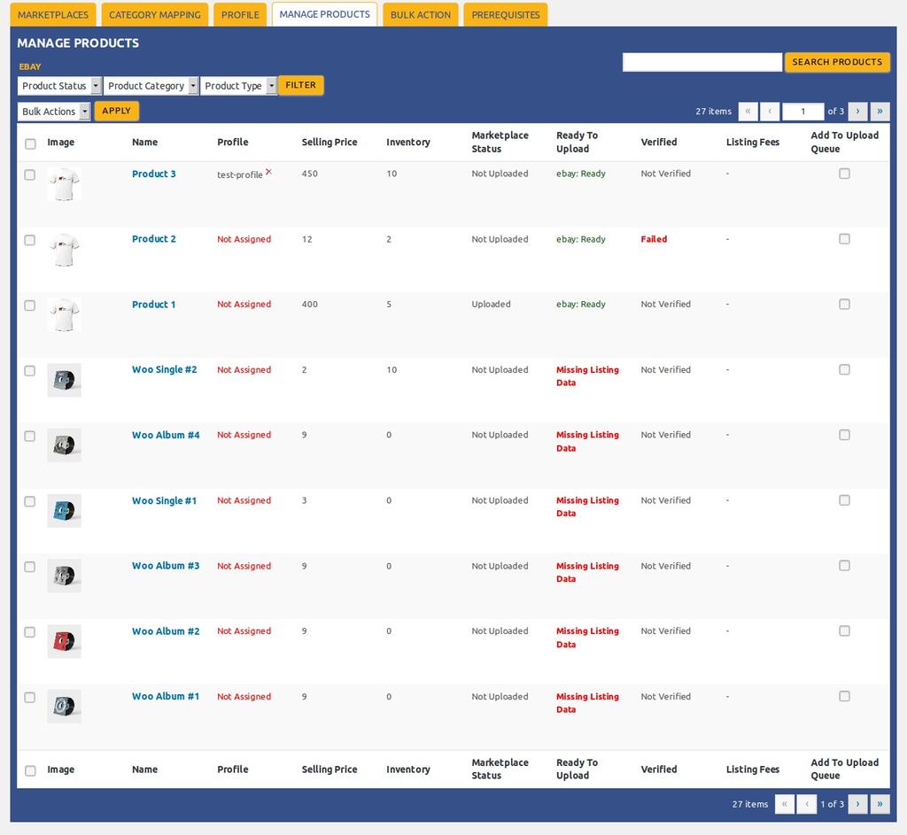 12 MANAGE PRODUCTS This section displays all the products from your woocommerce store along with their current status under the column READY TO UPLOAD This column shows 1.