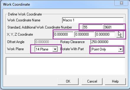 Standard is typically set to 54, but it can be set to an existing Work Coordinate. Additional Work Coordinate Number is set to 9681.