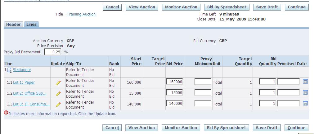 Click on the lines tab, then place the bid under bid