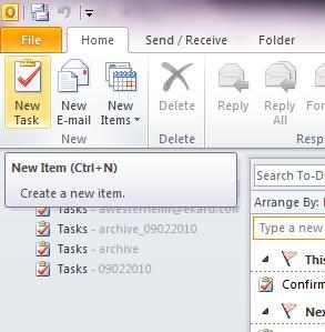 Outlook Tasks CTRL N creates a new item (or