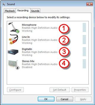 Figure 16: Example desktop PC with a Realtek on-board audio hardware configuration) 1 - Microphone port - working and set as Default 2 - Line In - Working 3 - Digital In (S/PDIF port) - Working 4 -