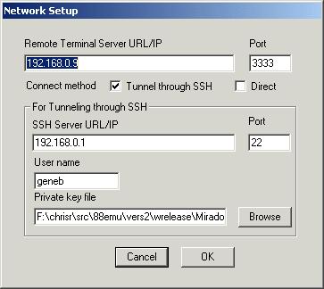 PC5200 provides a network setup dialog to allow the user to specify the address of the host running the remote terminal service. See the illustration below.
