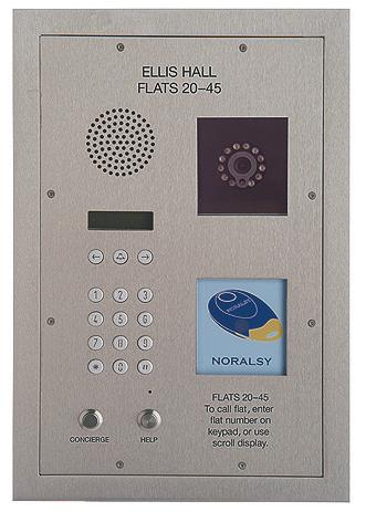 Anti-vandal keypad for calling flats, houses etc. d. Anti-vandal colour/mono camera (day/night) with infra-red illumination optional. e. Anti-vandal Noralsy proximity reader for residents optional.