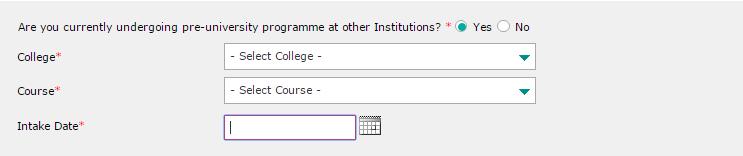 2. If you are currently not undergoing any pre-university programme, click on No radio button as shown in Figure 15.0. Figure 15.0: Pre-U programme question 3.
