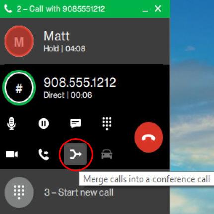 4. When the new participant answers the call, inform the user that you re about to place them in a conference call. Then select the merge icon to conference the callers 5.