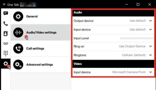 Audio settings The One Talk for Desktop app audio menu can be accessed by clicking Settings>Audio/Video settings.