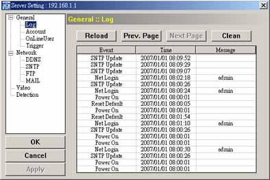 VIDEO VIEWER MISCELLANEOUS CONTROL PANEL Log Click (Miscellaneous Control) (Server Setting) General Log to go into the Log page.