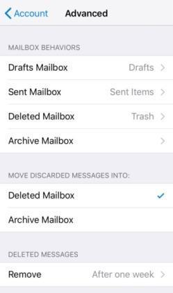 23. Under Mailbox Behaviors, tap each of Drafts Mailbox, Sent Mailbox and Deleted Mailbox, and verify that there is a checkmark against the appropriate folder under On The Server