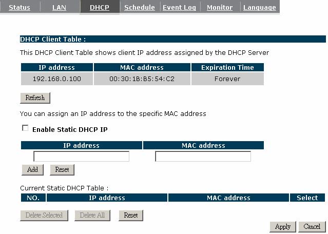 3.3. DHCP View the current LAN clients which are assigned with an IP Address by the DHCP-server. This page shows all DHCP clients (LAN PCs) currently connected to your network.