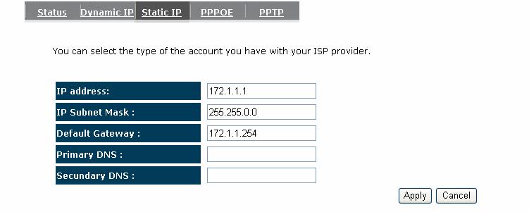 5.3. Static IP If your ISP Provider has assigned a fixed IP address, enter the assigned IP