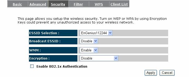 6.4. Security This Access Point provides complete wireless LAN security functions, included are WEP, IEEE 802.1x, IEEE 802.1x with WEP, WPA with pre-shared key and WPA with RADIUS.