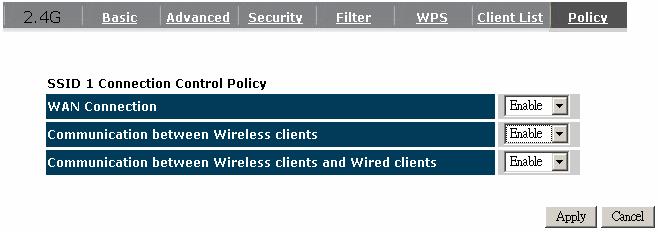6.8. Policy Policy provides a list of control policies. These settings define whether wireless or wired clients are able to see each in the LAN.