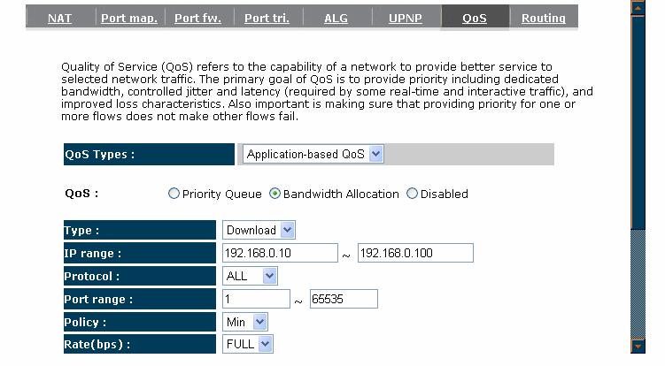Bandwidth Allocation: This can reserve / limit the throughput of specific protocols and port range. You can set the upper bound and Lower bound.