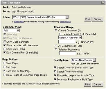 Delivering Documents Printing to a dedicated LexisNexis printer or to an attached printer These options are displayed in the upper right corner of each document in your result set.