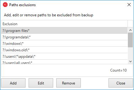 Figure 17: Backup exclusions By default, there are several paths excluded from the backup process as can be seen in the screenshots above.