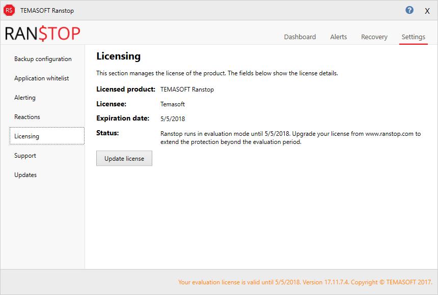 Figure 23: The licensing dialog The licensing file is loaded by clicking on the Load license (or Update license ) button.