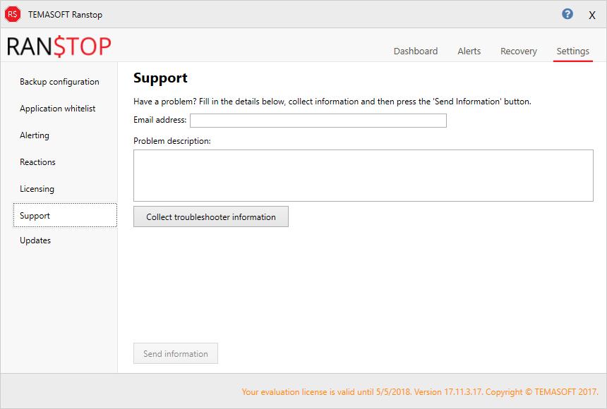 10.3. Contacting TEMASOFT Support To contact TEMASOFT Support, please use the Support tab in the Settings section of the main application.