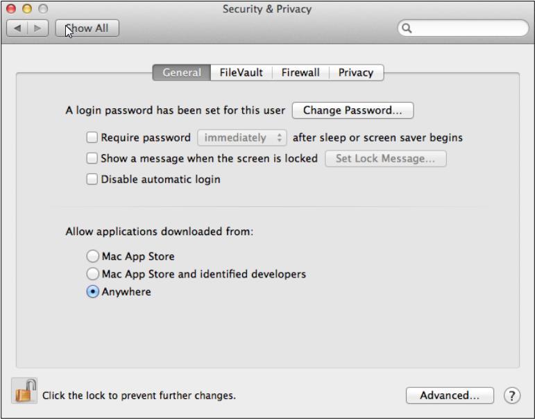 2. Unlock the panel with the lock icon. 3. In the Allow applications downloaded from section, select Anywhere.