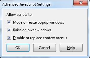 Firefox Options Page Note: If the Enable JavaScript option is not available, SettingSanity needs to be installed and can
