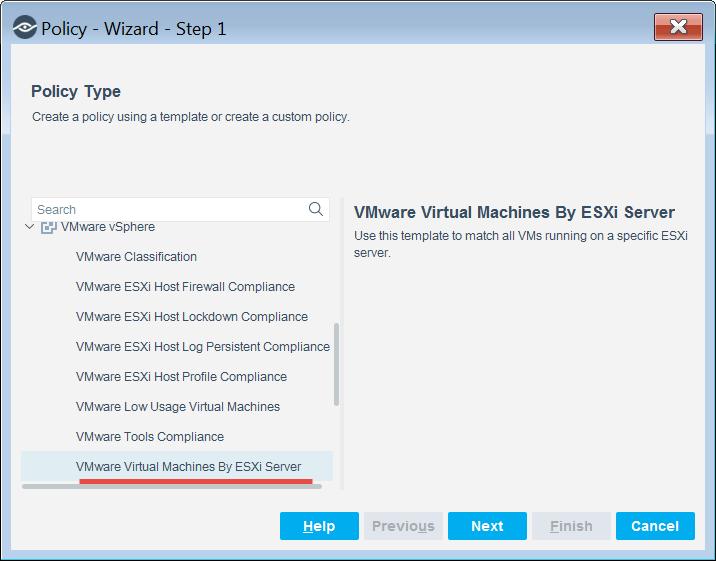 VMware Virtual Machines by ESXi Server Template Use this template to create a policy that detects virtual machines that are hosted by a specified ESXi server.