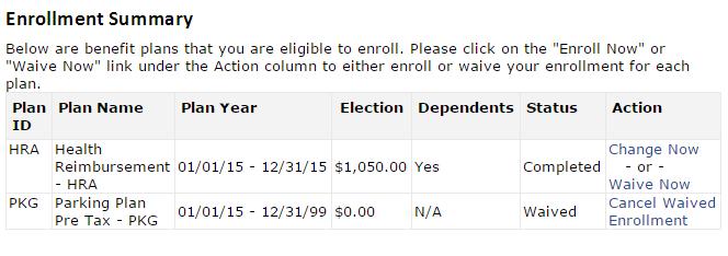 The enrollment summary now reflects that you have waived this plan by showing a status of waived.