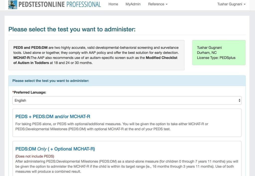 Alternative: You can go to the PEDStest Online homepage and choose Provider at any time to login to the Professional page: Note: If using the PEDS