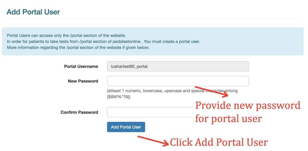 Once your portal user is created, you can share this username and password with parents to sign into the Parent Portal section. Parents will not have access to any other parts of the PEDS Online site.