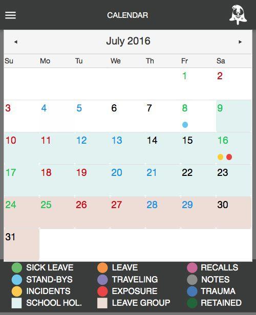 6.0 Calendar view 6.1 Month View Calendar view displays a single month at a time, with coloured days representing the different shifts.