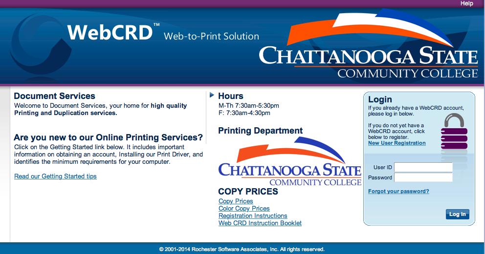 1. Registration Registration for Web CRD is simple. Just go to the log in page at: http://printing.chattanoogastate.edu Click on New User registration in the blue Login Box on the right.