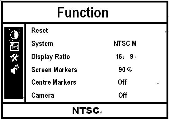 Function Reset: Back to original setting System: To adjust color video format Display Ratio: To
