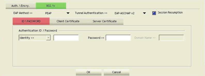 4-3 802.1x Setting 802.1x is used for authentication of the "WPA" and "WPA2" certificate by the server. Authentication type: PEAP: Protect Extensible Authentication Protocol.