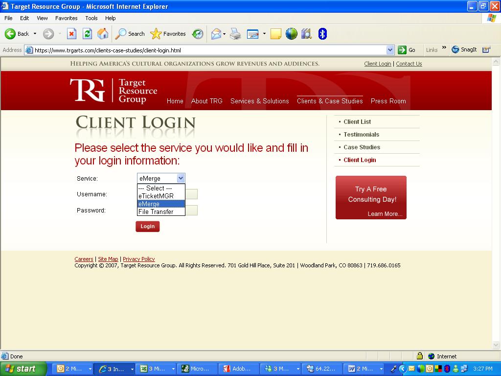 Logging Into emerge 1. Go to www.trgarts.com 2. Click on Client Login in the upper right corner 3.