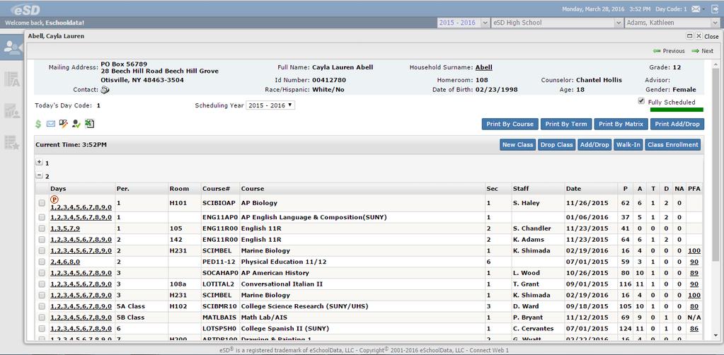 Schedule Shortcut Click the Schedule icon to display the student s schedule, which can be printed or exported to Excel.