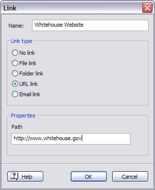 The Hypertext box appears: In the Name field type the text, Whitehouse Website Select the URL link radio button In the Path field, type the text www.whitehouse.