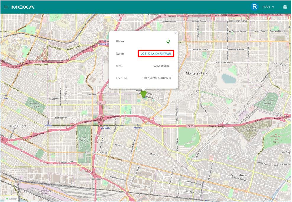 Use the mouse-wheel to zoom-in/out, and hold and drag the map to change the location shown on the map. Green location pin: The device is online. Red location pin: The device is offline.