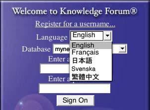 Available languages in the Language drop-down list of Knowledge Forum Warning: Without the proper fonts and browser settings, you will not be able to properly view certain letters or character-based
