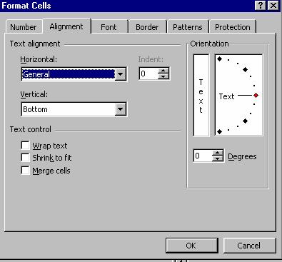 From the Format menu, select Cells, then select the Alignment tab. The cell or cells you want to format must be highlighted to make your selection.