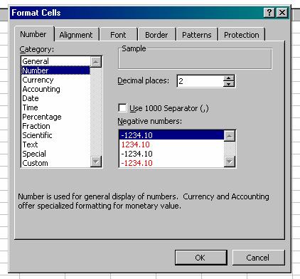 To change the number style display Click in the cell (or highlight the range of cells) you want to change. Choose Format from the menu bar, then Cells, then Number.