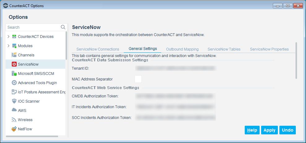 3. Configure the general settings as follows: CounterACT Data Submission Settings CounterACT Web Service Settings The settings are as follows: Tenant ID: A unique tenant ID included in the messages