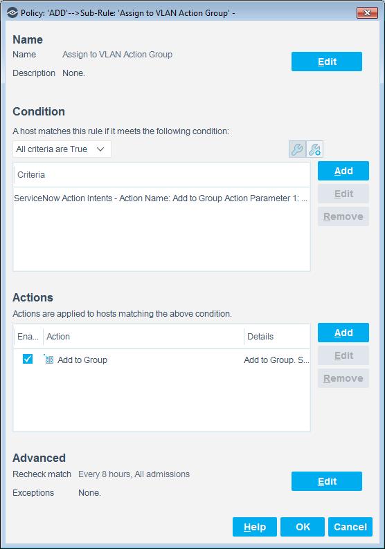 The Assign to VLAN Action Group sub-rule filters out endpoints for which a ServiceNow action intent for an Add to Group action has been received with Action Parameter 1 value of VLAN within the last