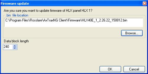 Intrusion Integration The Update Firmware window opens. 3. Click Browse and select the HLX file relevant to the panel s hardware type. 4. Click OK. 8.