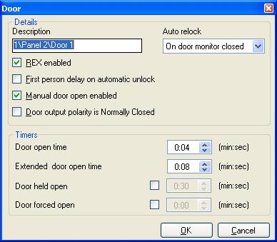 The Door Properties window displays the following: The settings for unlocking and relocking The time available before the door relocks or records alarm events The Door Properties