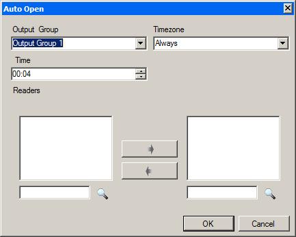 Setting Up a Site 5. The Auto Open window opens. 6. For each output group selected in the Output Group dropdown: a. From the Timezone dropdown, select a time zone. b.