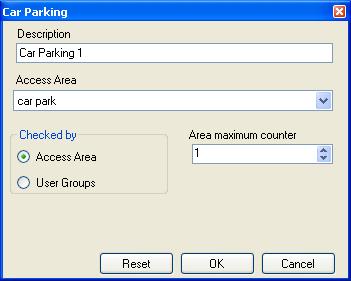 Setting Up a Site To define a car parking area: 1. Create an access area with Enter and Exit readers (see Section 5.15). 2. In the Tree View, select Car Parking. 3. On the toolbar, click the icon.