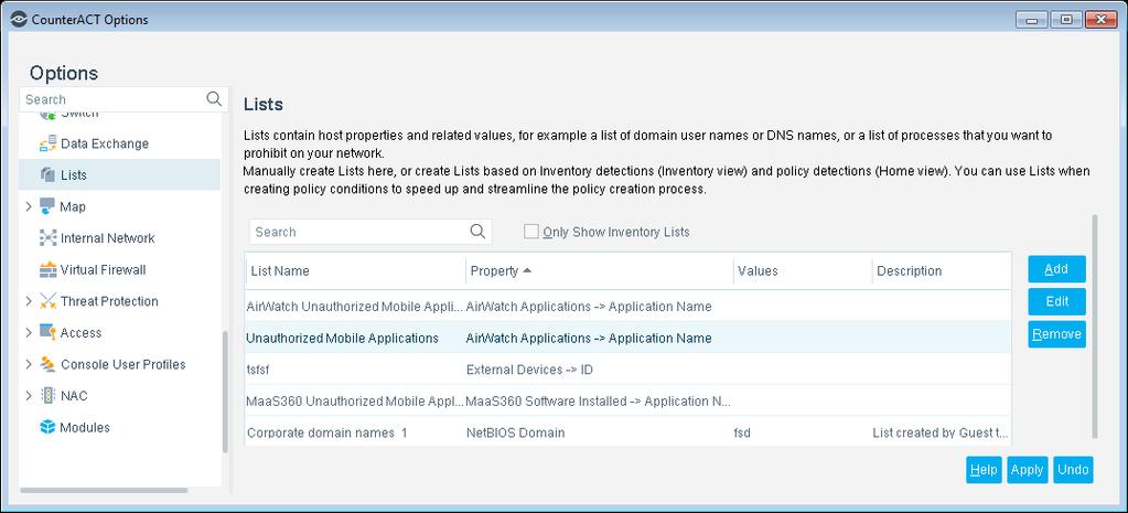 To prohibit an application: 1. Select Options from the Tools menu and then select Lists. 2.